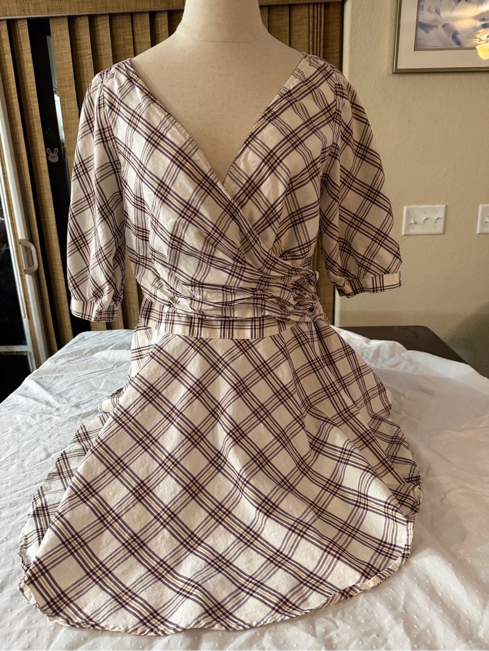 Cream and Brown Plaid Wrap long peplum blouse